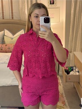 Mango Hot Pink Eyelet Button-Down Top